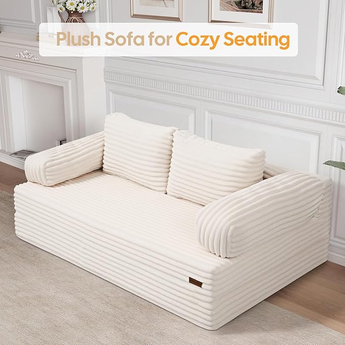 MeMoreCool Convertible Sofa Bed, Folding Floor Couch Bed Queen, Pull Out Sleeper Couch with Pillows, Fold Out Futon Sofa for Bedroom Living Room Small Space, Corduroy Beige