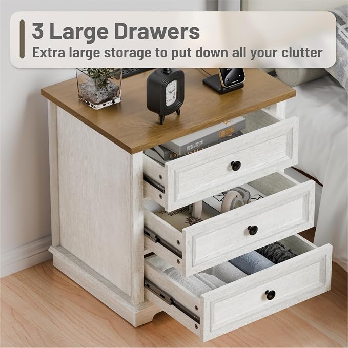 Nightstand with Charging Station, 24” Wide End Table with 3 Drawers, Modern Bedside Table with Storage, Wood Small Dresser for Bedroom Room (White) - Image 4