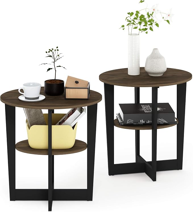Furinno JAYA Side Table Set of 2, 2-Tier Round Modern End Table with Oval Tabletop, Night Stand, Bedside Table with Open Shelf, for Living Room, Bedroom, Columbia Walnut - Image 5