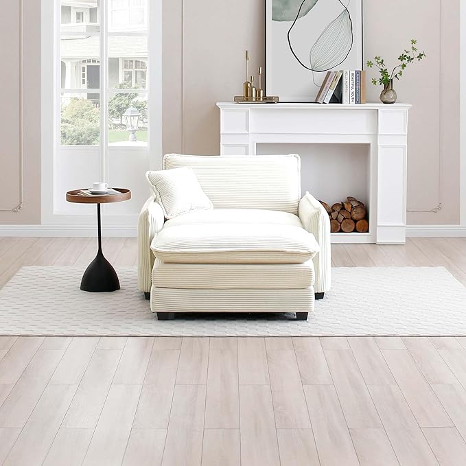 KEIKI 46" Oversized Corduroy Modular Sectional Single Sofa with 1 Ottoman, High-Density Foam Cushions, Removable Armrest, Upholstered 1-Seater Lounge Accent Chair with 1 Pillow, for Living Room, Beige