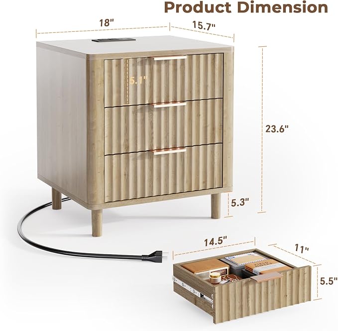 Fluted Nightstand Set of 2, Multifunctional 3 Drawers Storage Bedside Table with Charging Station, Wood Modern Nightstand, Curved Profile Design, End Table for Indoor Room Bedroom, Oak - Image 2
