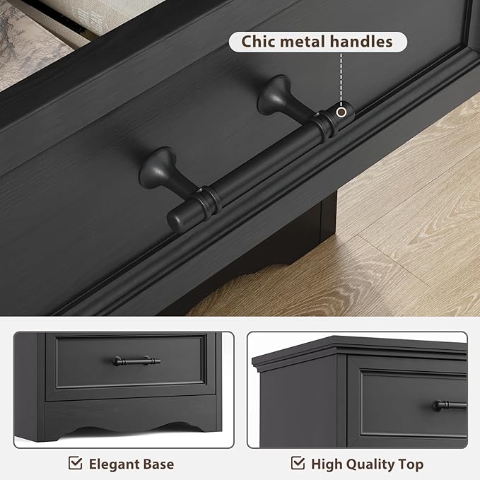 Bedroom Set, 3 Pieces Bedroom Furniture Set, 6 Drawer Dresser and 3 Drawers Nightstand with Charging Station, Farmhouse Storage Organizer Cabinet for Bedroom, Black