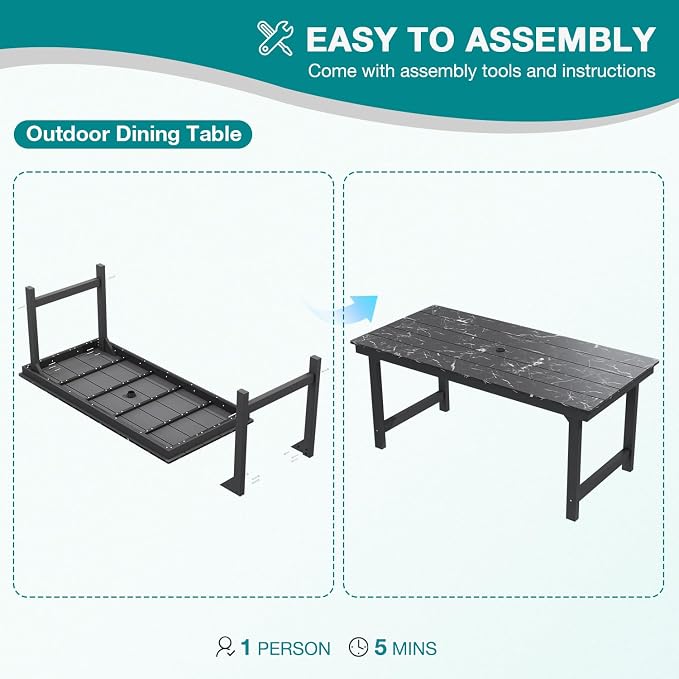 Mdeam 7-Piece HIPS Outdoor Dining Set, 66.9" Marble Texture Patio Table with Umbrella Hole, 440LBS Capacity, 6 Wider Chairs,Dining Table Set for 6, Outdoor Furniture with Galvanized Steel Frame, Black - Image 7