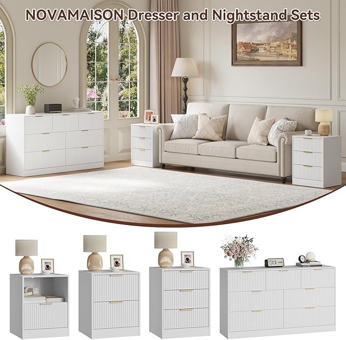 7 Drawer Dresser & Nightstand Set, 3-Piece White Fluted Dresser and Night Stand Set of 2 with Metal Handle, Modern Wood Chest of Drawers Storage Dressers Set for Bedroom, White