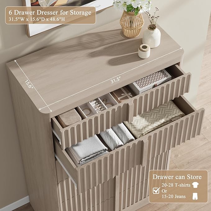 Fluted Dresser and Nightstand 3-Piece Bedroom Set, 49" Tall 6-Drawer Dresser and 2 of 3-Drawer Nightstands with Charging Station, Curved Profile Design, Modern Bedroom Dressers Sets, White Alder