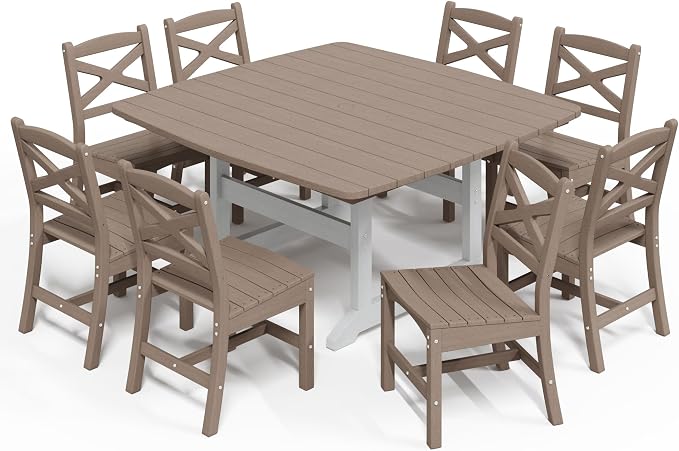 Outdoor Dining Set, HDPE 9-Piece Patio Table and Chairs Set, All-Weather Outdoor Dining Table Set for 8 with Umbrella Hole, Durable Patio Furniture Set with Chairs,White Brown by Unknown