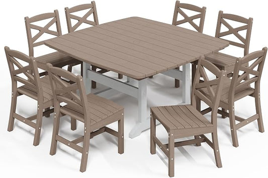 Outdoor Dining Set, HDPE 9-Piece Patio Table and Chairs Set, All-Weather Outdoor Dining Table Set for 8 with Umbrella Hole, Durable Patio Furniture Set with Chairs,White Brown by Unknown