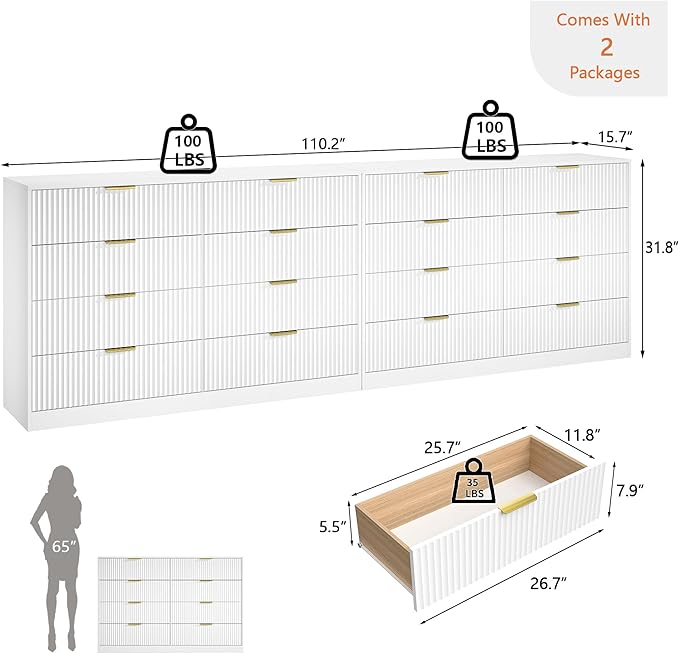 Dresser for Bedroom Set of 2, Fluted 16 Drawers White Dresser Wooden, Modern Bedroom Furniture Set, TV Stand Long Dressers & Chests of Drawers for Closet(15.7" D x 110.2" W x 36" H)