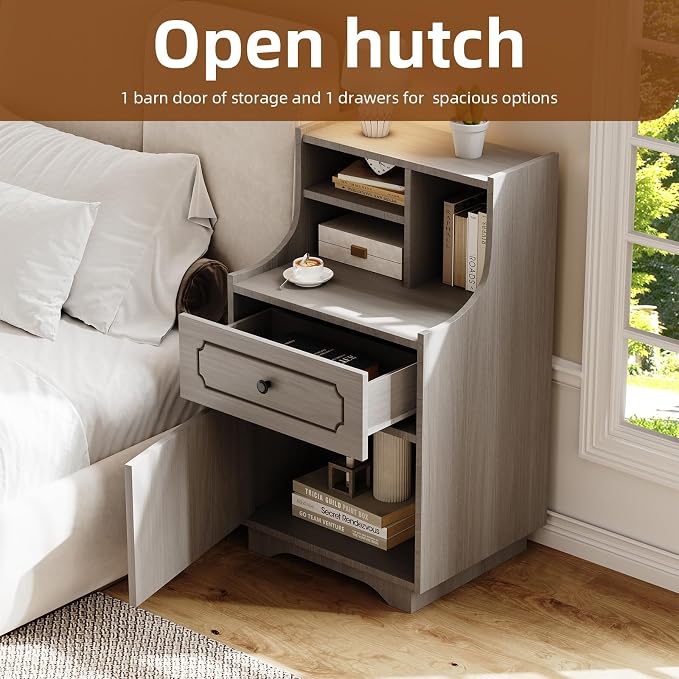 4ever2buy Farmhouse Nightstand Set of 2 with Hutch, 30 inch Tall Nightstands with Storage, End Tables Bedside Tables for Bedroom, Wash Grey - Image 2