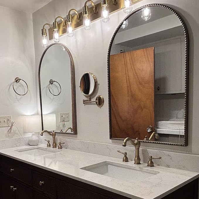 Antique Gold 24"x36" Arched Wall Mirror with Metal Beaded Frame - Decorative Accent Wall Mirror for Bathroom, Bedroom, Living Room, Entryway - Image 3