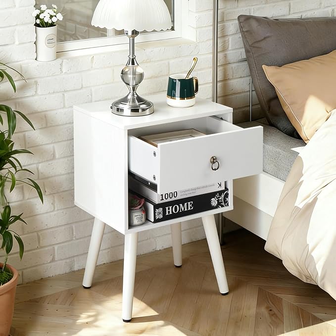 Bonnlo White Nightstand, Modern Bedside Table with Drawer Open Shelf, End Table with Solid Wood Legs for Bedroom、Living Room - Image 7