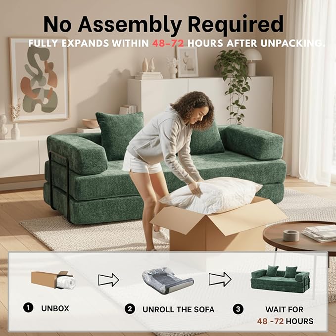 Alpen 77" Convertable Sleeper Sofa, 4-in-1 Pull Out Couch Bed with L-Shaped Armrests, Futon Sofa Bed Queen Size Sleeper Mattress Fold Out Comfy Lounge for Living Room Bedroom, Green