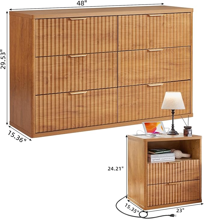 LEYAOYAO Fluted Dresser and Nightstand Sets, Wood 48" Wide Dresser & 23" Night Stand with Charging Station, 2 Piece Bedroom Furniture Set, Chest of Drawers for Bedroom, Home, Living Room,Brown