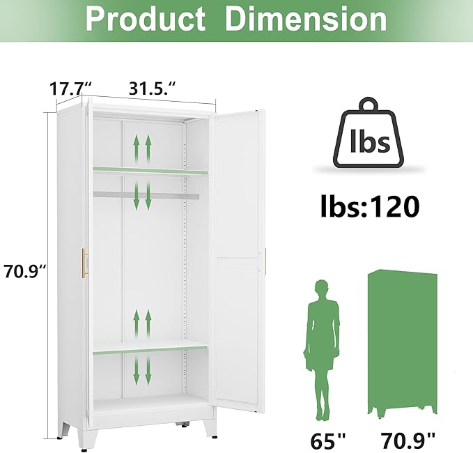 Ckzbx 71" H Metal Armoire Wardrobe Closet, Adjustable Shelve, Clothes Drying Pole, Steel Wardrobe Cabinet for Bedroom (White)