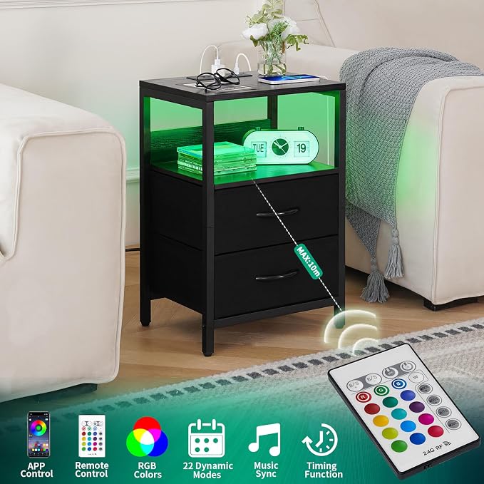 Yoobure Nightstand with Charging Station, LED Night Stand with Fabric Drawers and Storage Shelf for Bedroom, Nightstands Bedside Tables with USB Ports & Outlets, Small Night Stands, Bed Side Table - Image 5