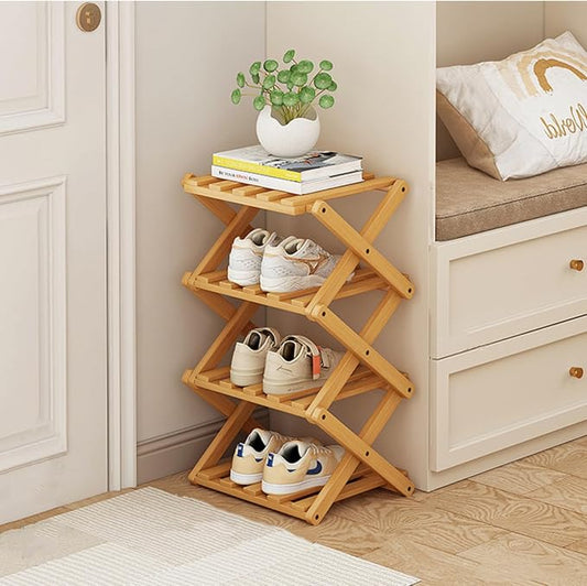 Foldable Shoe Rack, Bamboo Vertical Shoe Organizer Tall for Small Spaces. Multifunctional Narrow Shoe Shelf for Entryway, Closet, Corner, Bedroom, Hallway, Wood Color 4 Layers by XZXWZX