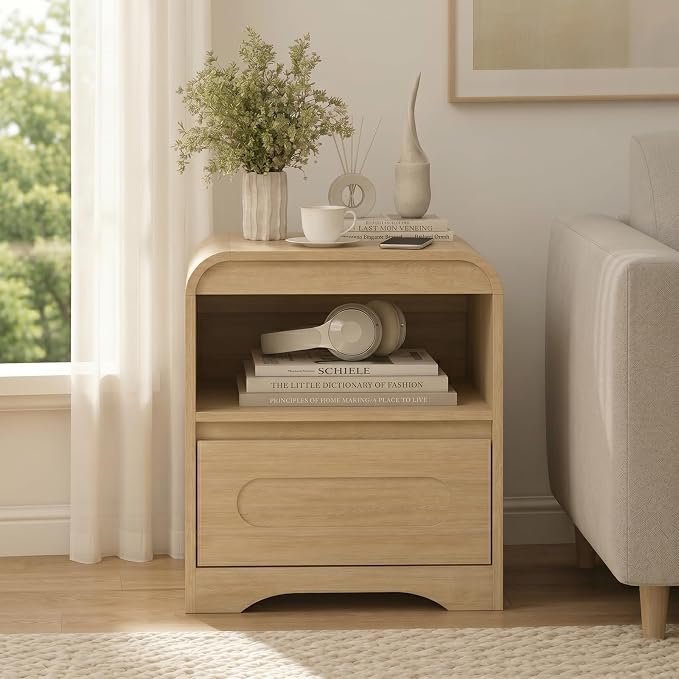 Wood Nightstand Set of 2, Modern Night Stand with Drawers, Oak Nightstand, 22" Bedside Side Table with Open Storage, Curved Corners, Hidden Handle, Night Stands End Table for Bedroom Sofa Couch - Image 5