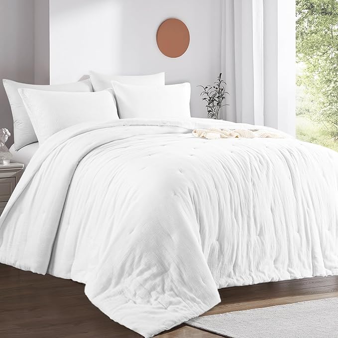 HOMBYS 100% Cotton Muslin Comforter Oversized King 120x120, Lightweight and Breathable Down Alternative Comforter,Soft Gauze Summer Pure White Reversible Fluffy Duvet Insert