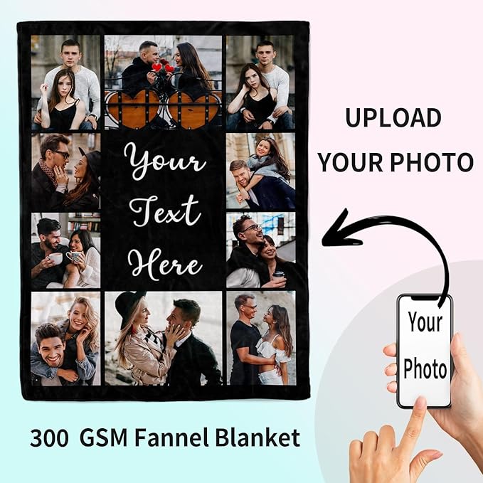 ROMANDY Ships Next Day Custom Blanket with Picture Customized Banket Personalized Throw Blankets Customizable Photo Blankets Customize Gifts for Mom Dad Girlfriend Boyfriend Wife Husband Her Him