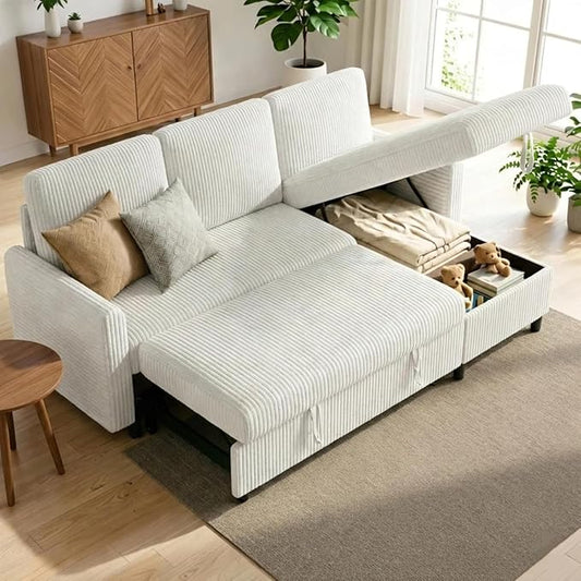 Shintenchi Futon Sofa Bed Convertible Couches L Shaped, 4‑in‑1 Sectional Sleeper Sofa Pull Out Couches for Living Room, Multifunctional Couch with Storage Chaise Corduroy Fabric, White