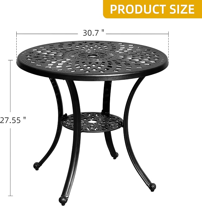 DWVO 30 Inches Round Patio Dining Table with Umbrella Hole, Antique Cast Aluminum Outdoor Bistro Table Outdoor Side Table for Backyard, Garden, Patio, Porch, Black - Image 3