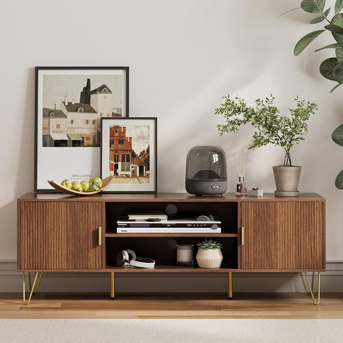 TV Stand for 55-65 Inch TV, Entertainment Center with Soft Hinge Door,TV Console Table with 2 Cabinets with Gold Handle and Feet,for Living Room, Bedroom, Walnut - Image 5