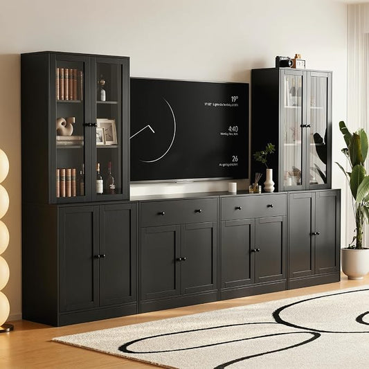 TUSY 71" TV Stand Storage Set - 2 Tall Bookcases & 2 Side Cabinets, Media Console with Glass & Wood Doors, Entertainment Center with Drawers, Tall Media Console for Living Room (Black, AEEA) by TUSY