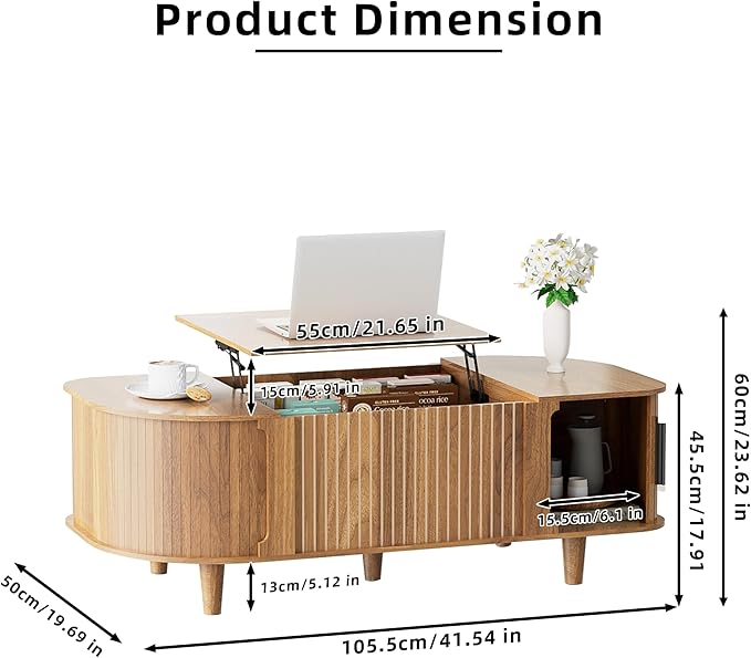 Lift Top Coffee Table, Oval Mid Century Modern Center Table with 3 Hidden Storage, 41" Coffee Tables with Sliding Door and Open Cabinet for Living Room Bedroom Office, Walnut Wood