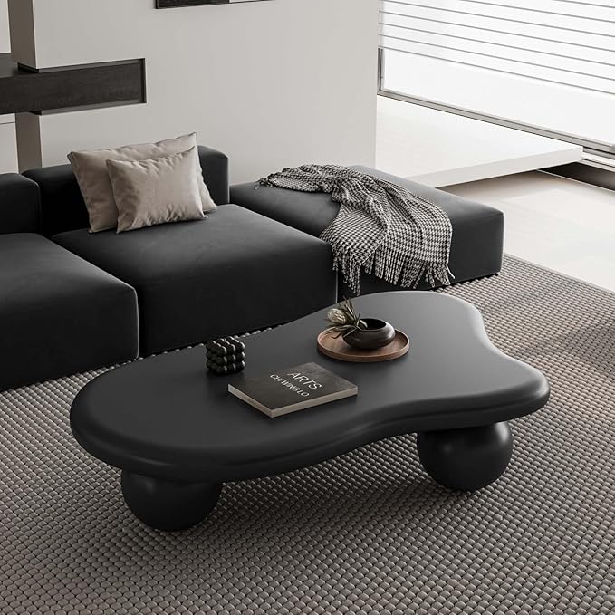 47" Modern Black Coffee Table Cloud Shape Low Center Table Cute Irregular Indoor Tea Table with 3 Ball Legs for Living Room Small Space