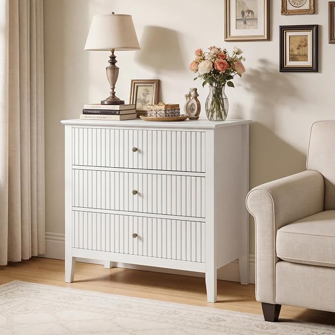 RoyalCraft Large 3 Drawer Dresser Set of 2, Fluted Wood Chest of Drawers with Storage, Modern Painted 30 inch Wide Nightstand for Bedroom Living Room Entryway, White - Image 8