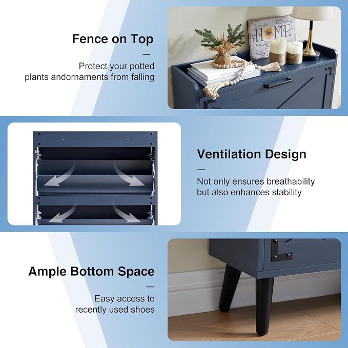 Barnyatoh Shoe Storage Cabinet,Farmhouse Shoe Organizer with 2 Flip Drawers & Barn Door Design,Freestanding Hidden Slim Narrow Shoe Rack Cabinet for Entryway,Foyer,Hallway,Navy Blue - Image 6