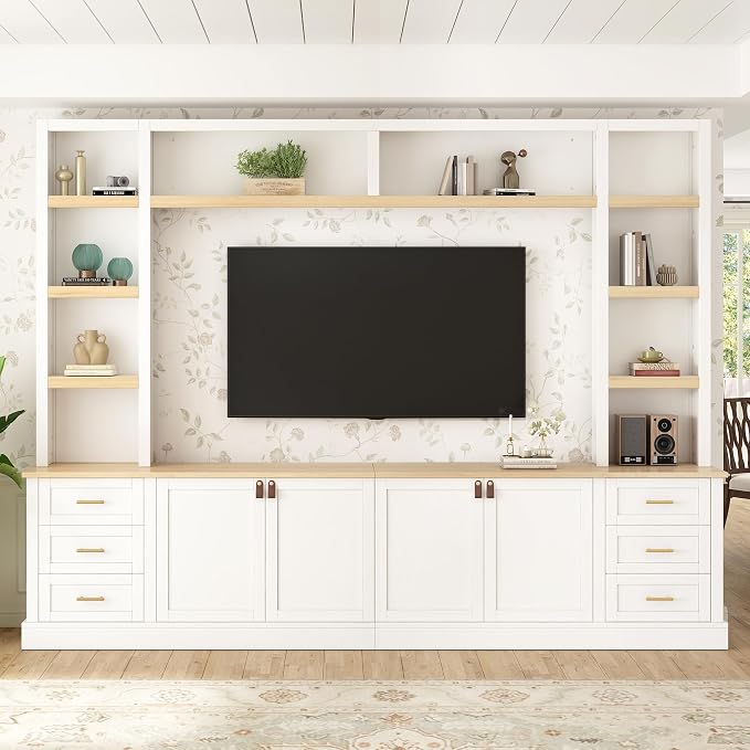 Merax 102.3 Inch Wide Farmhouse Entertainment Center, Rustic TV Stand with 6 Drawers & Adjustable Shelves, Large Media Console for TVs up to 75", Modern Bookshelves Wall Unit, White - Image 7