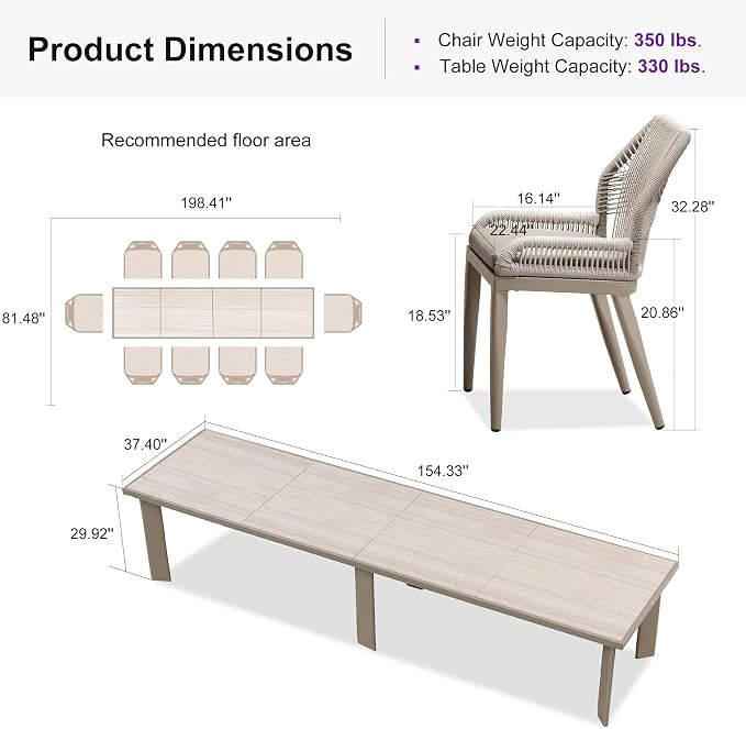 PURPLE LEAF 11 Pieces Patio Dining Set Aluminum Oversize Rectangular Table and Wicker Chairs with Cushions for Kitchen Porch Garden Modern Outdoor Furniture Sets, Champagne - Image 8
