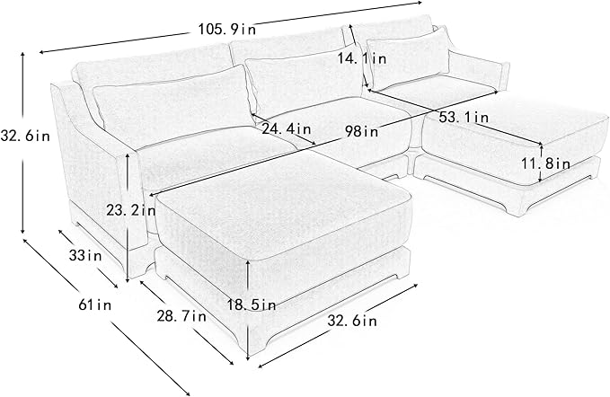 Ball & Cast 105.9” Modular Sectional Sofa, Comfy Cloud Couch with Lumbar Pillows and Ottoman,Deep Seat Chenille U Shaped Modular Sofa, Sectional Couches for Living Room, Bedroom and Apartment, Beige