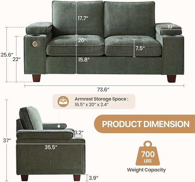 74" Loveseat Couch for Living Room, Modern Chenille Upholstered Sofa with Adjustable Armrest,Storage,Cup Holders,USB & Type-C Ports,Solid Wood 2-Seater Loveseat Sofa for Apartment(Green)