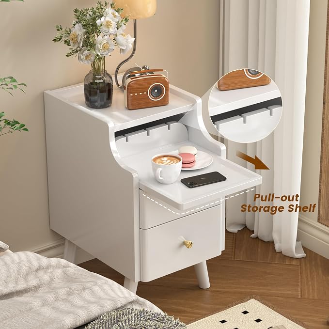 Narrow Nightstand, Solid Wood Night Stand with 2 Drawers, White Mid Century Modern Nightstand, Small Beside Table with Open Storage Shelf for Bedroom（12 inch - Image 4