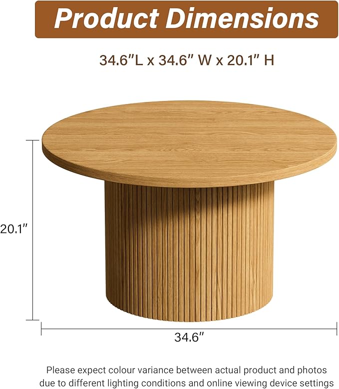 Round Coffee Table, 35.4" Circle Wide Coffee Table, Wood Table and Center Table for Living Room, Natural