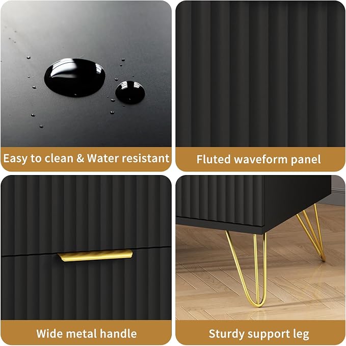 Black Fluted Nightstand Set of 2, Modern Bedside Table with 2 Drawers and Gold Legs, 19.7’’ Night Stand Wood End Table for Bedroom - Image 4