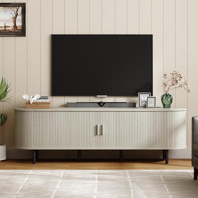 ONBRILL 70.8" TV Stand with Power Outlet for TVs up to 75 Inch, Entertainment Center with Storage and Adjustable Shelves, Modern Media Console with Sliding Doors for Living Room, Natural White by ONBRILL