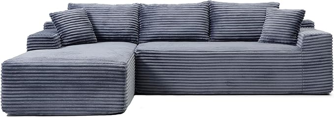 105-Inch L-Shaped Left Facing Corner Compressed Sofa Modular Sectional Boneless Cloud Sofa Floor Foam Couch with Chaise Lounge, Corduroy Corner Boneless Cloud Couch