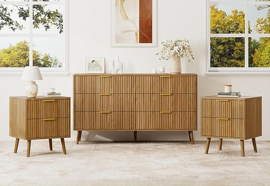 LYNSOM Fluted Dresser and Nightstand Set, 3 Pieces Bedroom Set, 55 Inch Wide 6-Drawer Dresser & 2-Drawer Nightstands Set of 2, Modern Dressers Set for Bedroom, Walnut