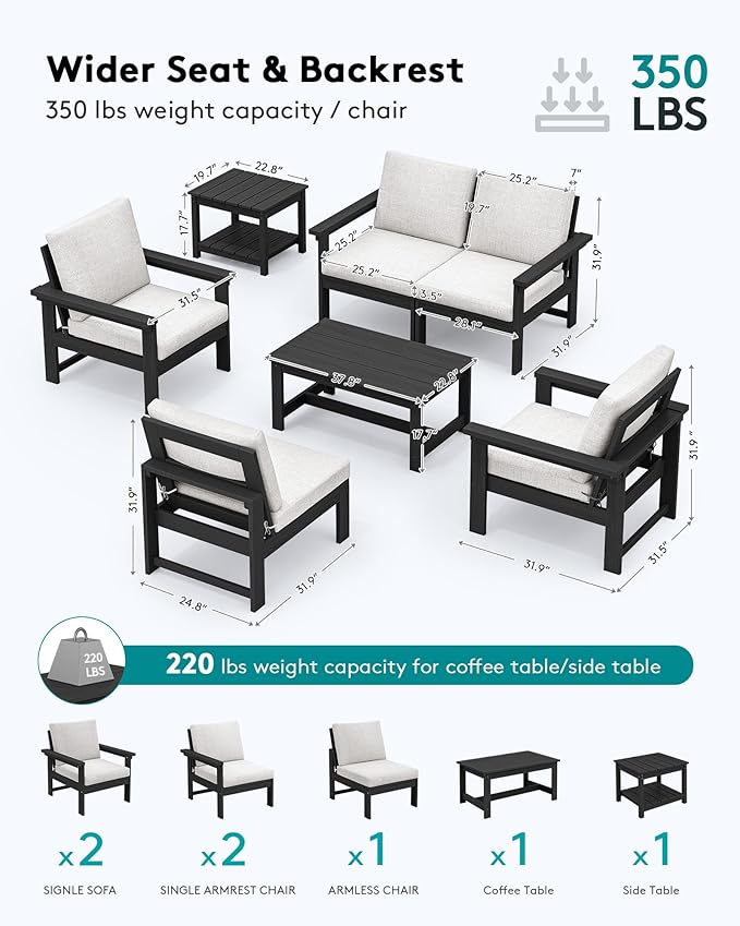 SERWALL HDPE Patio Furniture Set with 15FT Patio Umbrella, 7-piece Outdoor Sectional Sofa Set, All Weather Patio Couch Set for Deck, Black &Beige(Umbreall Base not Included)