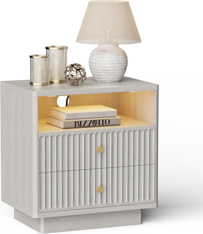 PAPROOS 23'' Fluted Nightstand with Charging Station, Modern Bedside Table with Motion Sensor LED Light, 2-Drawer Storage Cabinet for Bedroom & Home Office(1 pc Beige Gray) by CalmDesignQuietRefinement
