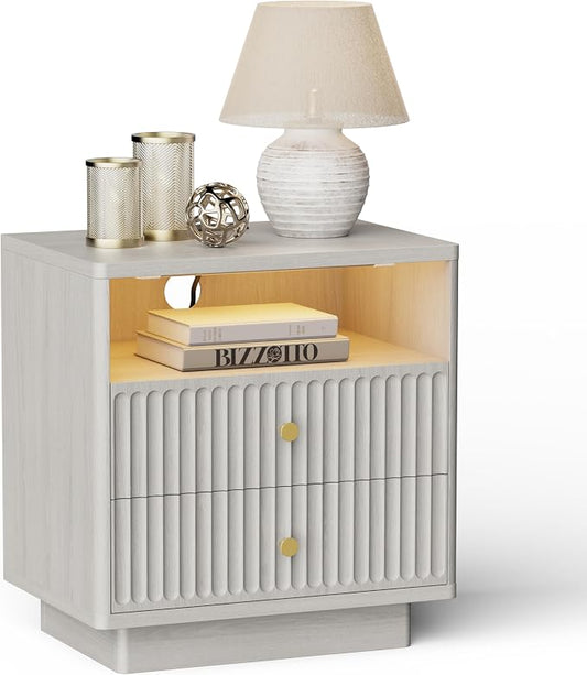 PAPROOS 23'' Fluted Nightstand with Charging Station, Modern Bedside Table with Motion Sensor LED Light, 2-Drawer Storage Cabinet for Bedroom & Home Office(1 pc Beige Gray) by CalmDesignQuietRefinement
