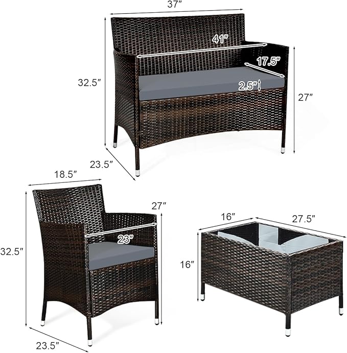 COSTWAY 4PCS Rattan Patio Furniture Set, Outdoor Wicker Rattan Chairs with Coffee Table, Rattan Cushioned Conversation Set for Backyard Balcony Porch Poolside, Grey
