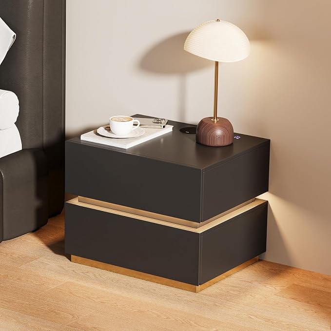 homary Smart Nightstand Set of 2 with Wireless Charging Station, USB & Type-C Ports, LED Light – Modern Black Bedside Table for Bedroom Storage (Black, 2 Drawers) - Image 8