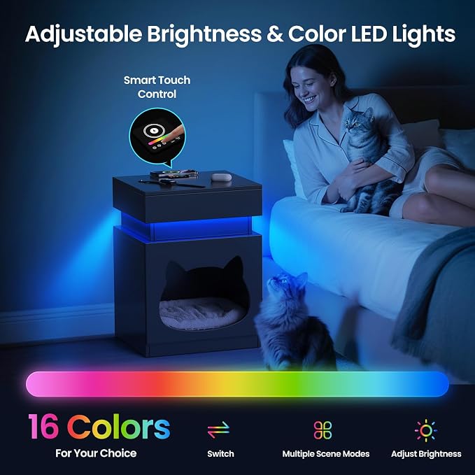 Night Stand with Charging Station, Wooden Bedside Table with LED Lights, Dark Grey Side Tables with Sliding Drawer, Modern End Table with Storage Spacey (Drawer Nightstand) - Image 3