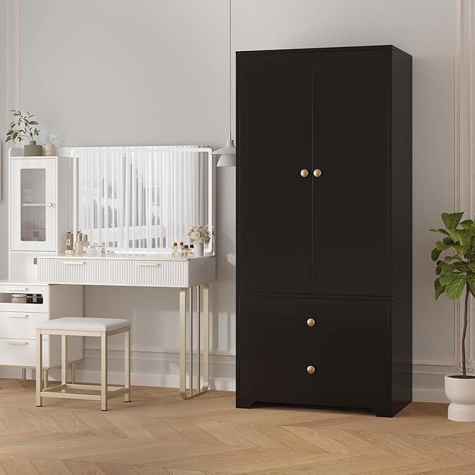 TROPOW Wood Armoire Wardrobe Closet, 71" Wood Clothing Storage Cabinets with 2 Doors, 1 Adjustable Shelf and 2 Drawers, Wardrobe Cabinet with Hanging Rod for Bedroom, Gym, Cloak Room, Black