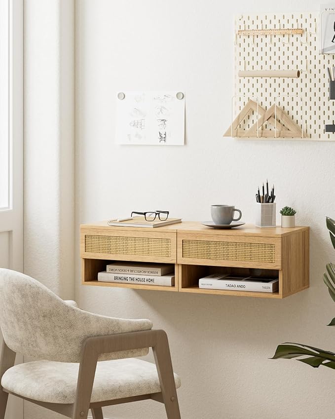 Floating Nightstand, Small Modern Floating Nightstand with Drawer, Floating Shelves for Bedroom, Bathroom (Oak Rattan) - Image 6