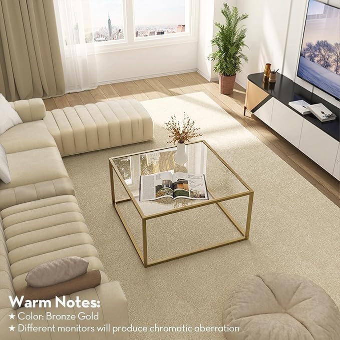 SAYGOER Glass Coffee Table Modern Coffee Tables for Living Room Square Minimalist Center Tables for Home Office 26.7 x 26.7 x 17.7, Gold